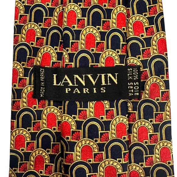 LANVIN Paris Neck Tie Vtg 100% Silk Made in France Geometric Navy Blue Red Gold - Picture 7 of 9